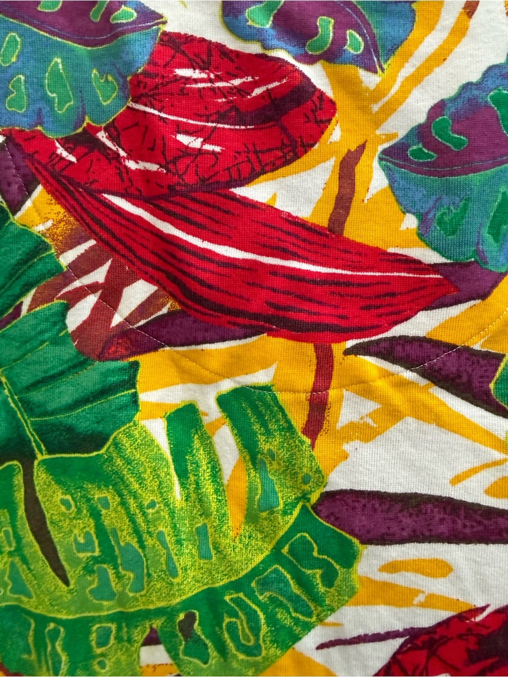 Chico's Colorful Tropical Leaf V-Neck Tee in Green, Red, Purple, Yellow - Picture 4 of 4